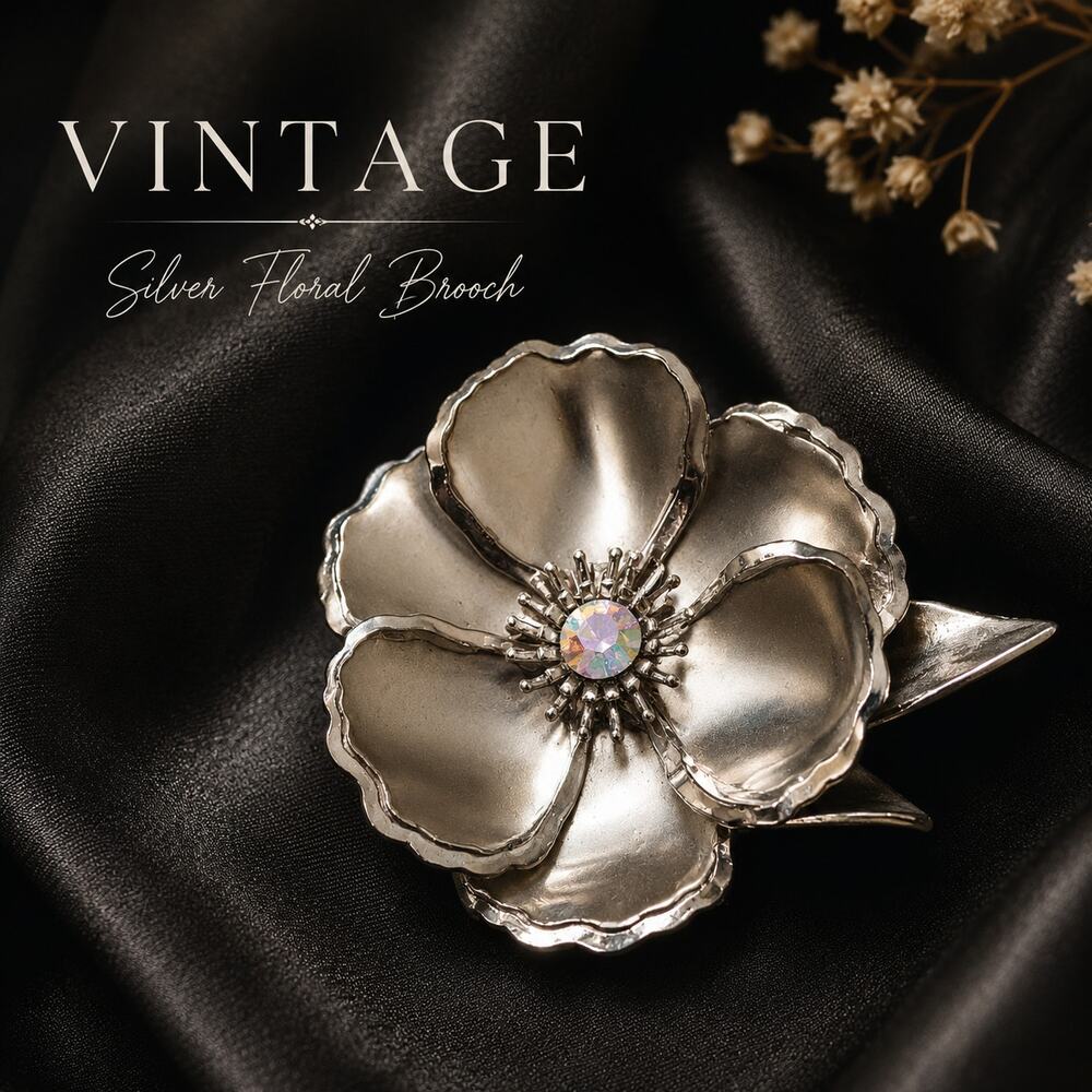 Vintage Silver Tone Flower Brooch Aurora Borealis Rhinestone Floral Pin